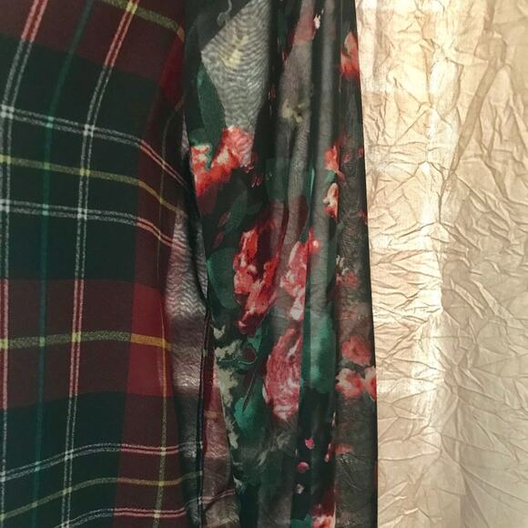 Sans Souci Sheer Plaid Top Floral Sleeves Sz Large - Picture 4 of 7
